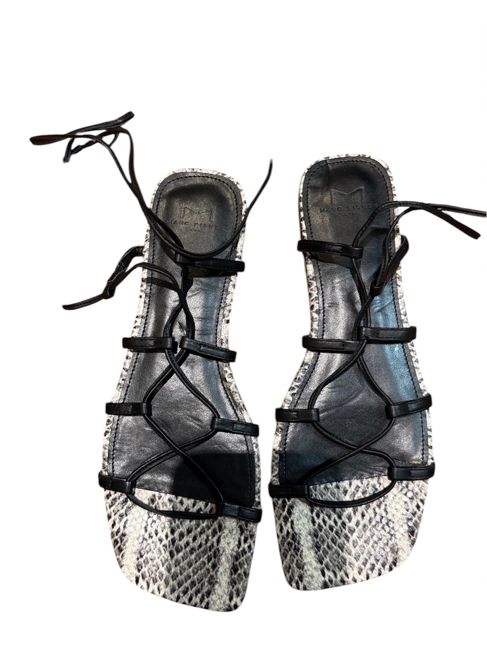 Marc Fisher Black Lace-Up Sandals with Snake-Print Accents